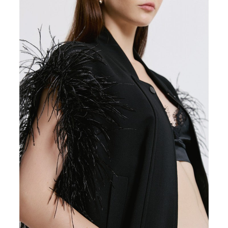 Access Fashion Black Sleeveless Jacket With Feathers