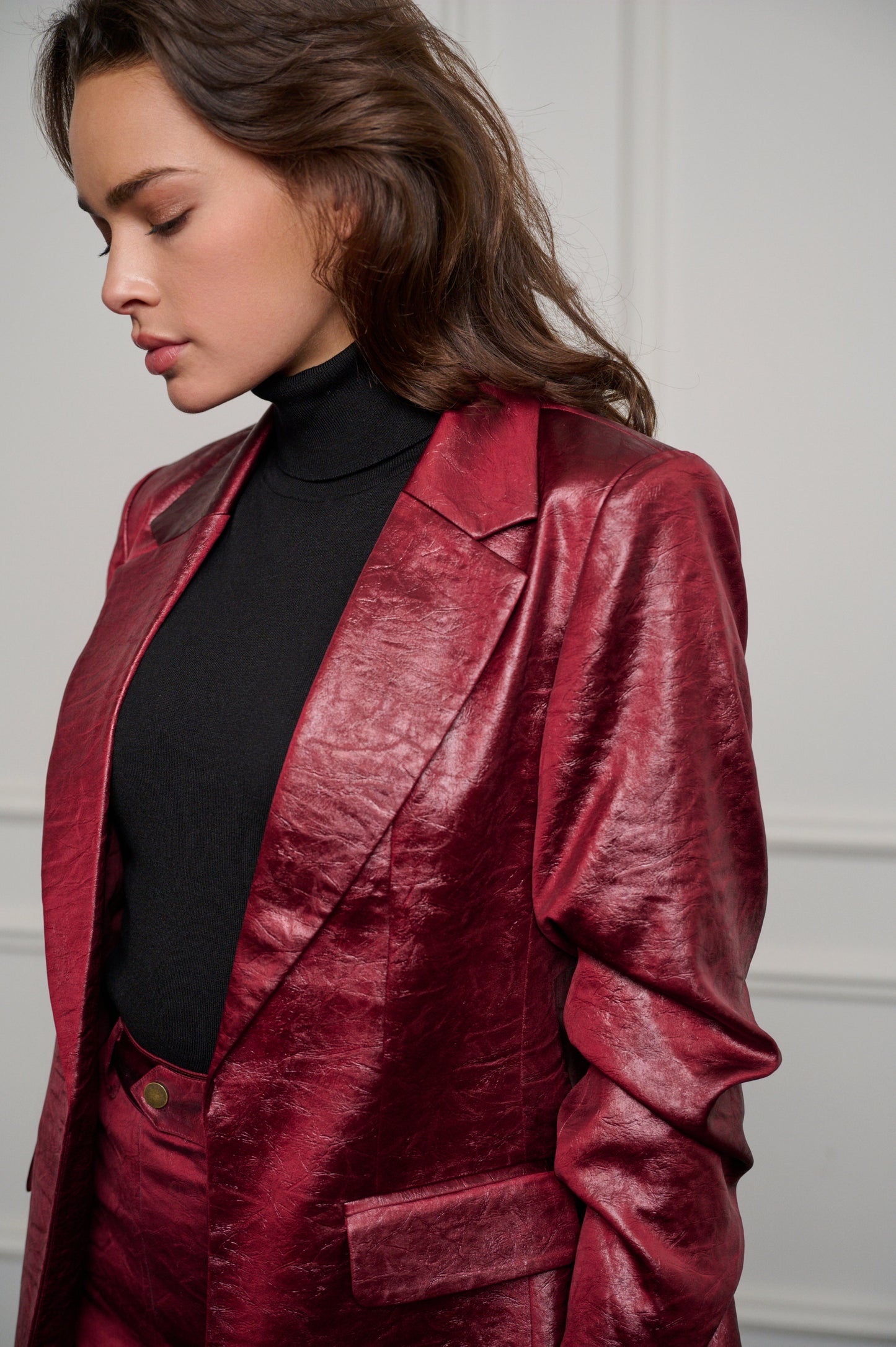 Esqualo Red Metallic Like Crinkle Faux Leather Blazer