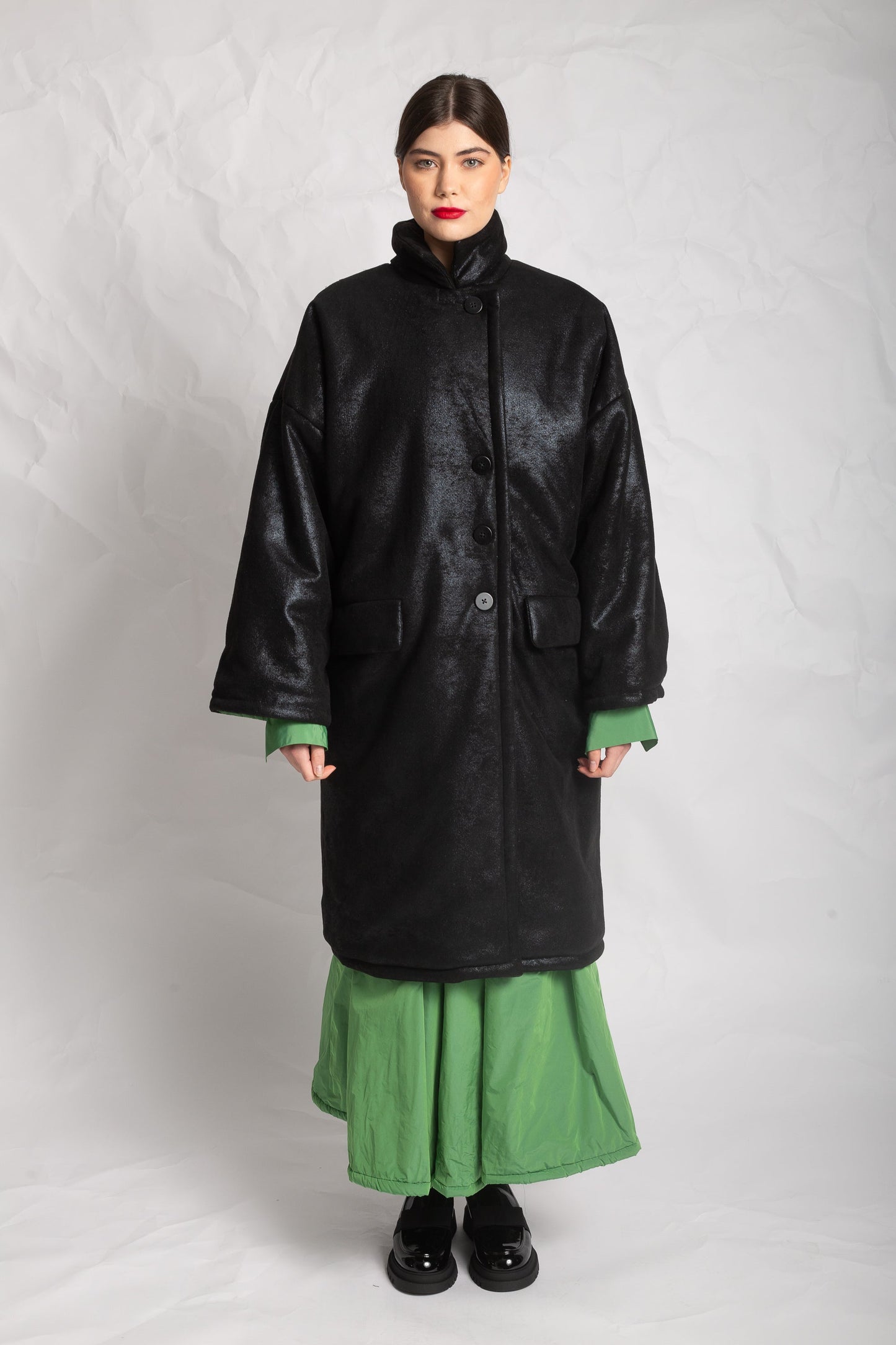 Les Filles D'ailleurs Black Coat With Striking Green LIner.