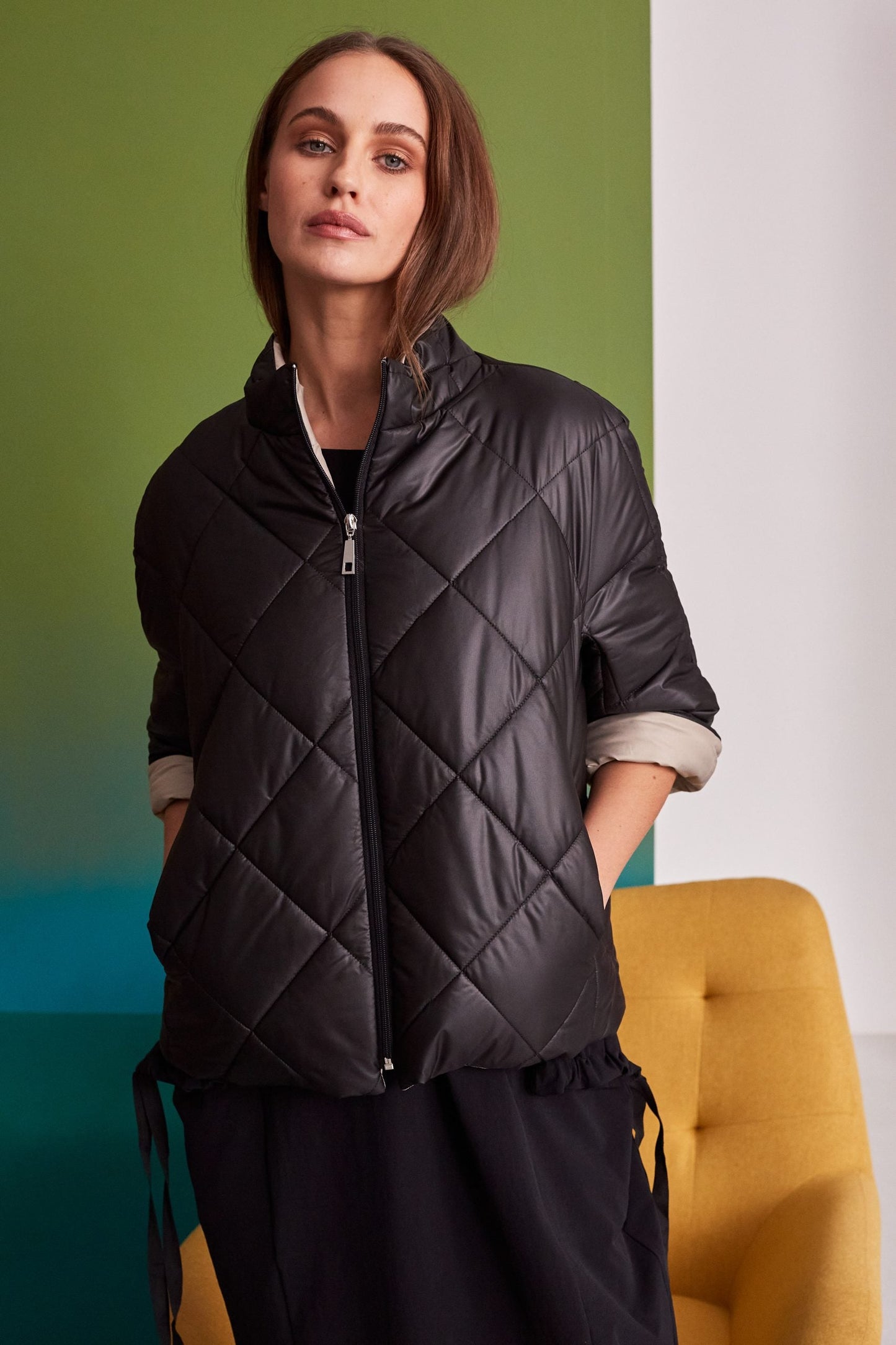 Naya Black Short Jacket With Beige Contrast Lining.