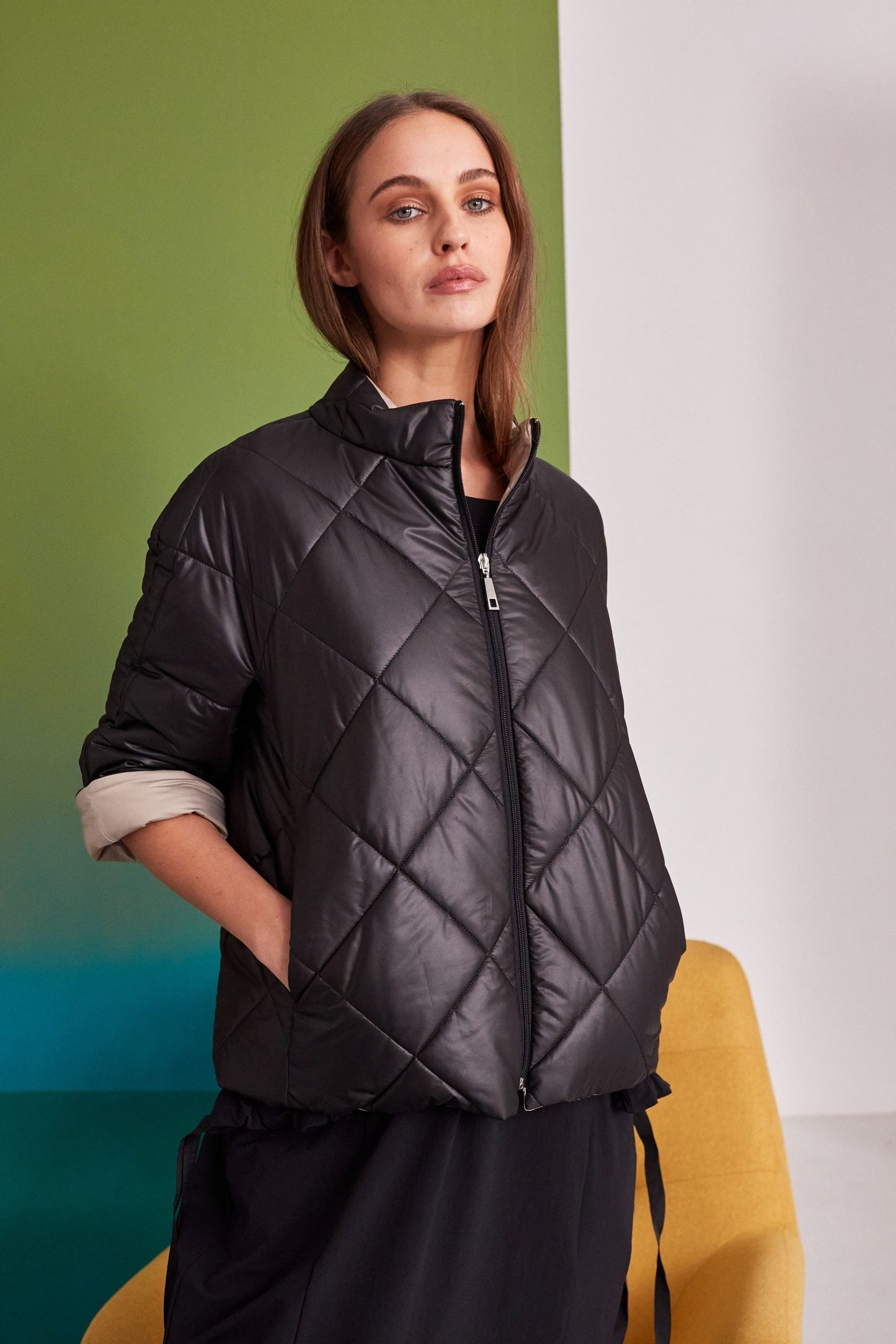 Naya Black Short Jacket With Beige Contrast Lining.