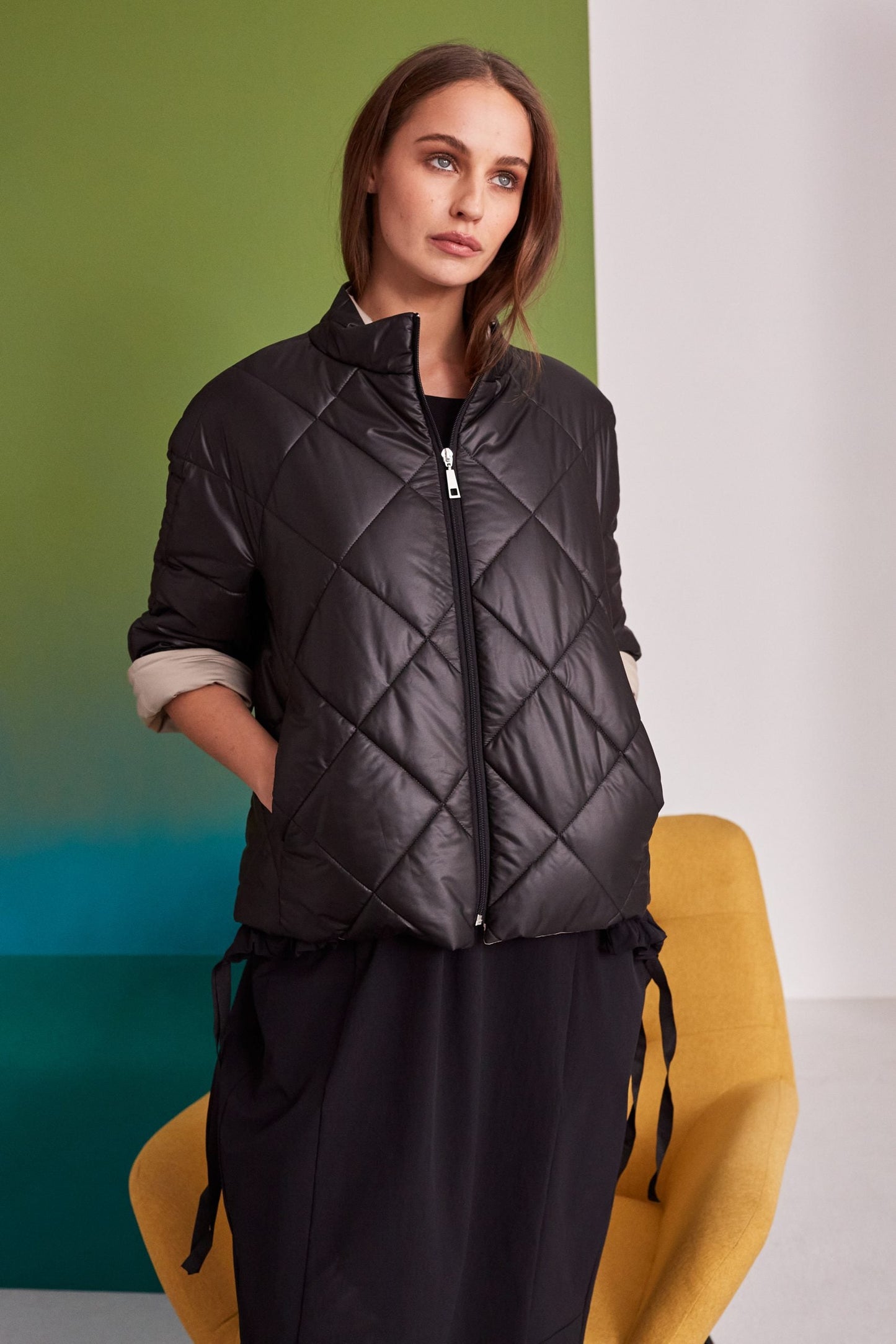 Naya Black Short Jacket With Beige Contrast Lining.