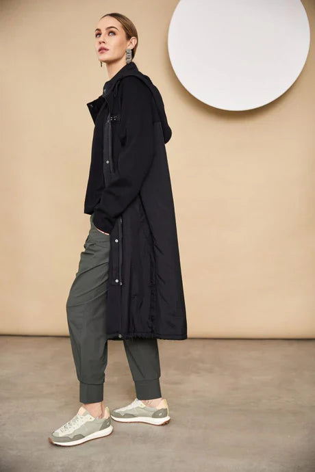 Naya Black Hooded Coat With Contrast Hempanel/Placket