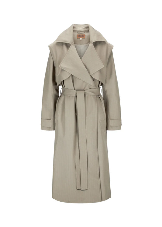 BRGN Regndrape Trench Coat Pinstripe Taupe