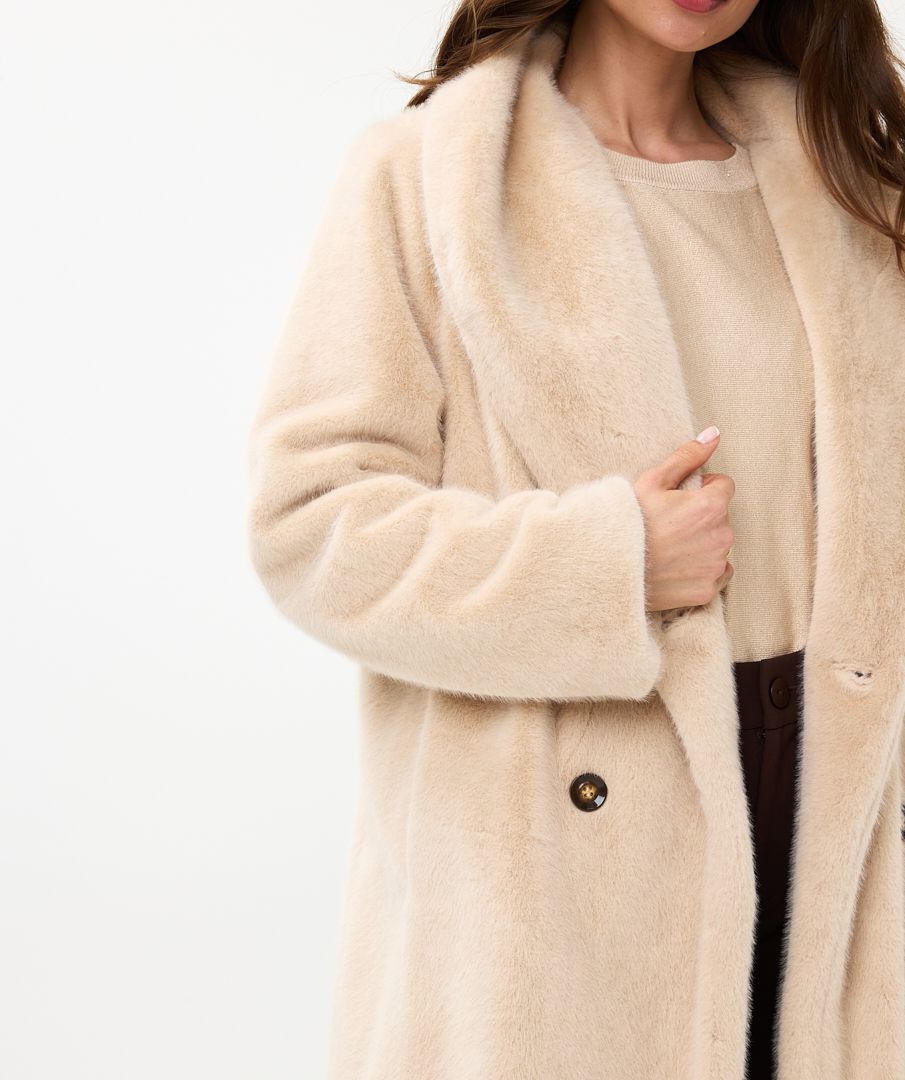 Esqualo Sand Shawl Collar Faux Fur Coat