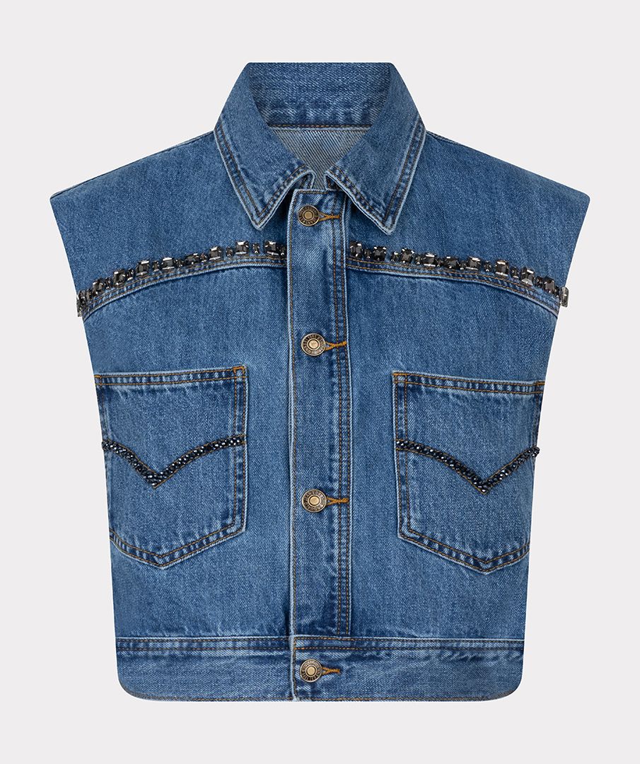 Esqualo Jeans Blue Gilet Denim With Stones